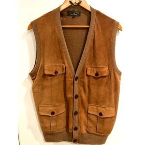 J.L. Powell Cashmere Suede Leather Vest L Tan Safari Hunting Sweater Vest Good